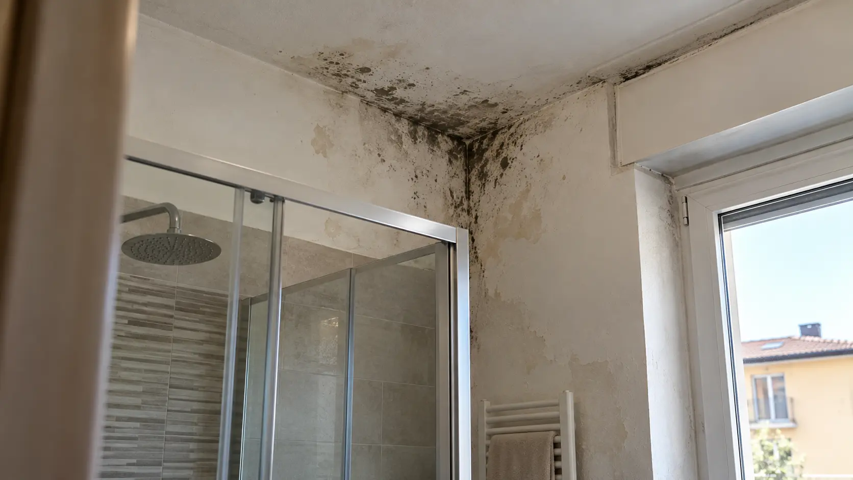 Muffa nera e intonaco scrostato ricoprono pareti e soffitto di un bagno, sopra la doccia e accanto alla finestra.