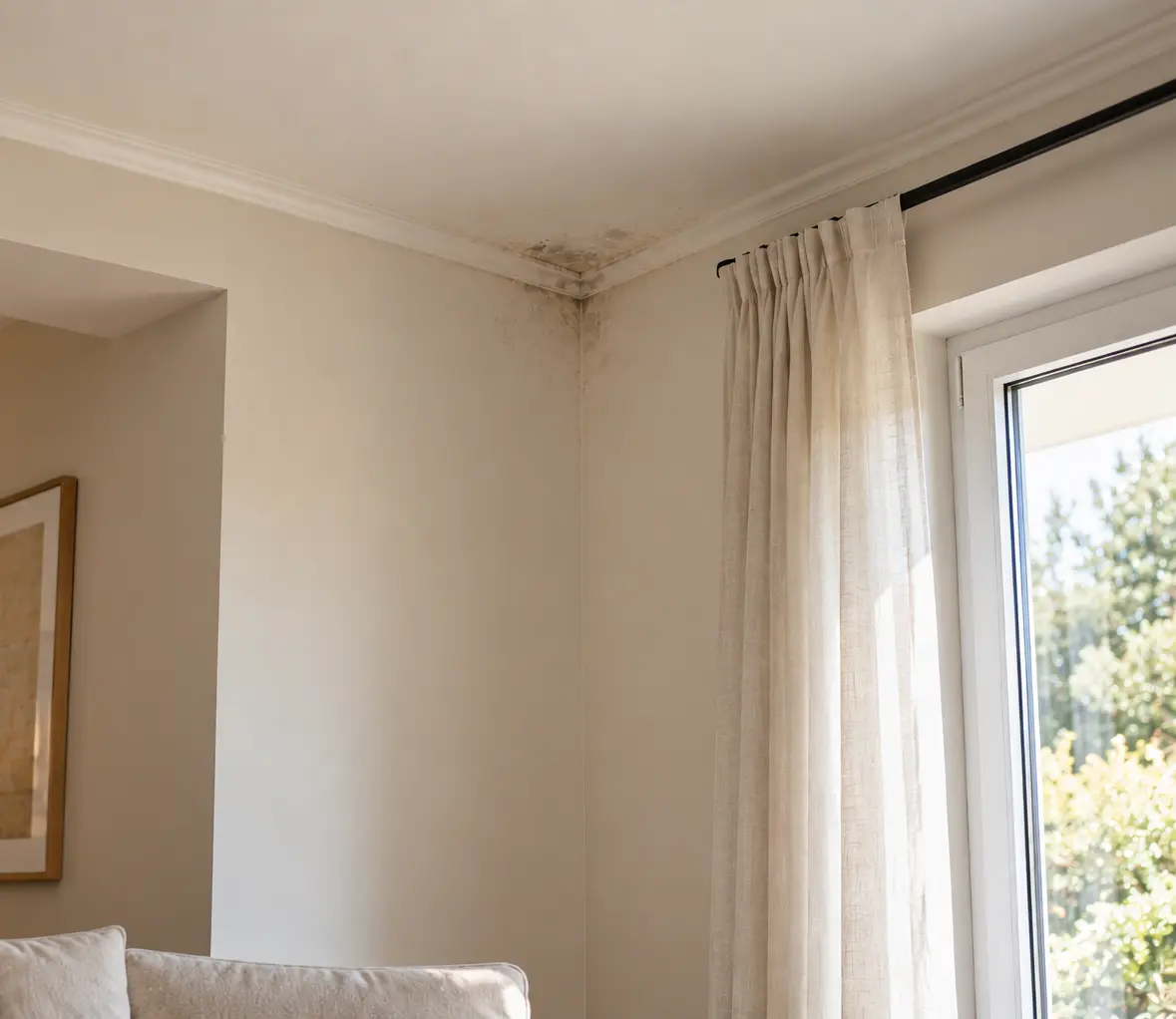Macchie di muffa e intonaco scrostato nell'angolo di una lavanderia, accanto alla porta finestra.