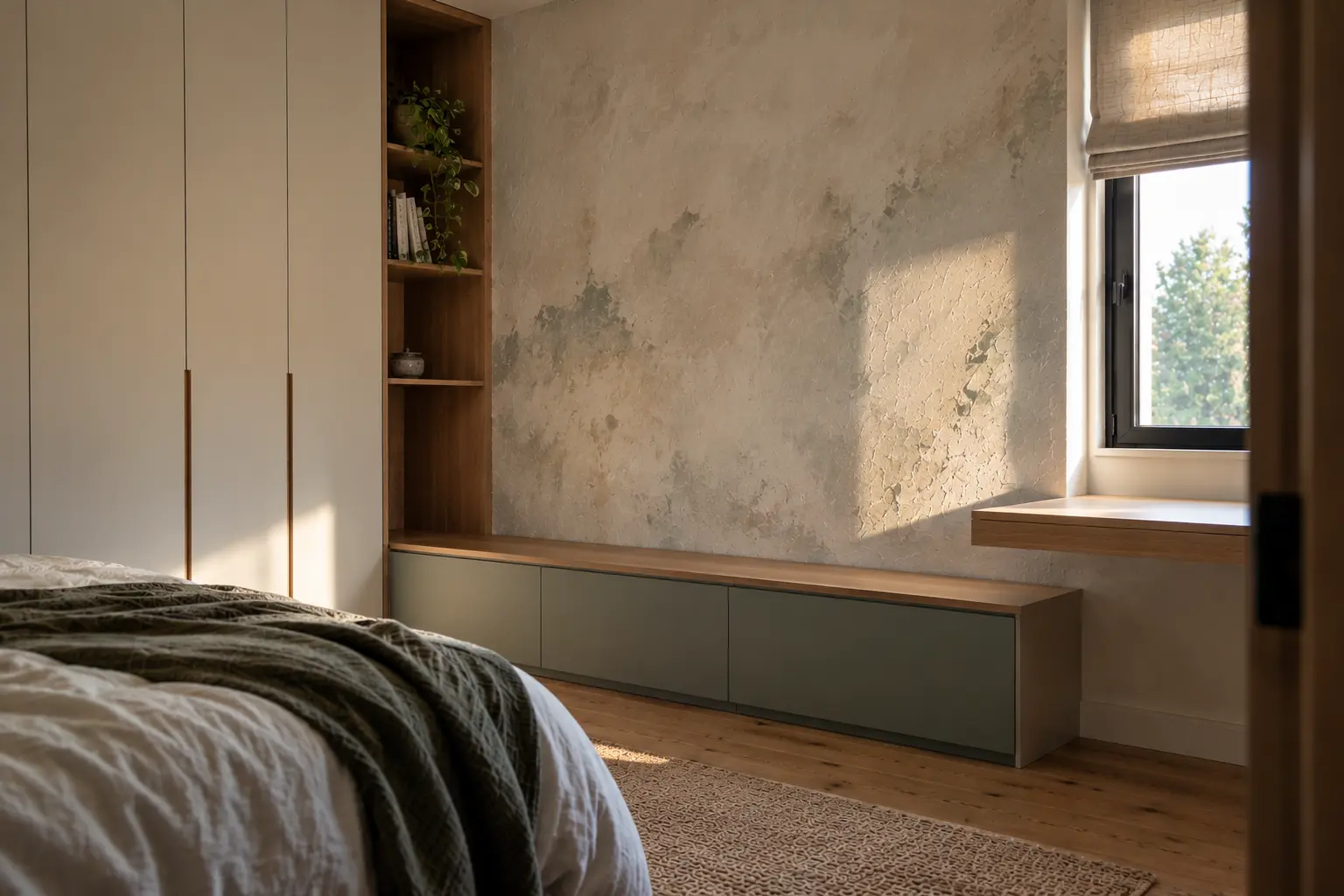 Camera da letto con parete materica beige, arredi su misura in legno e luce solare dalla finestra.
