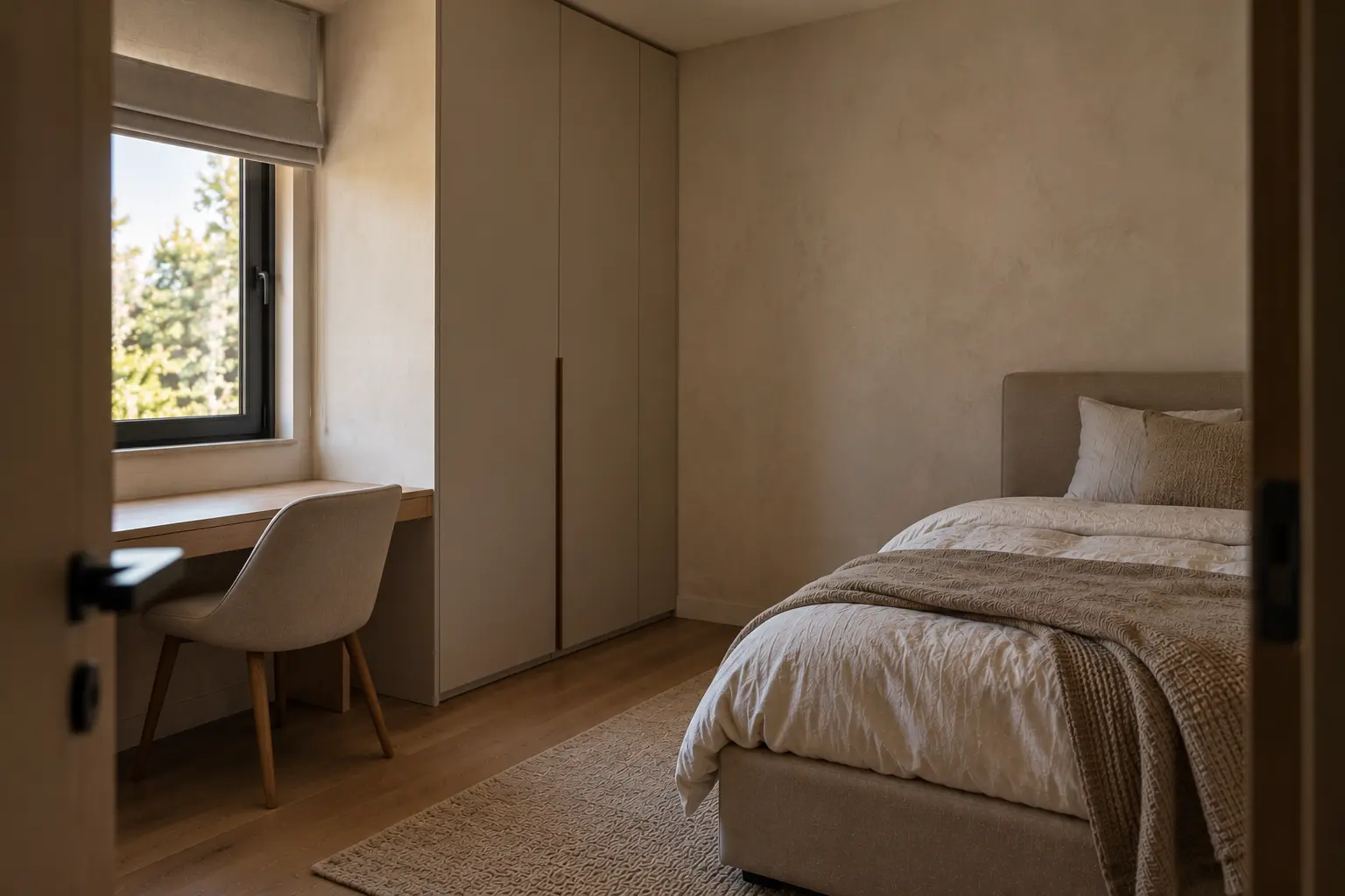 Camera da letto nei toni beige con pareti dalla finitura materica, letto, armadio e scrittoio alla finestra.