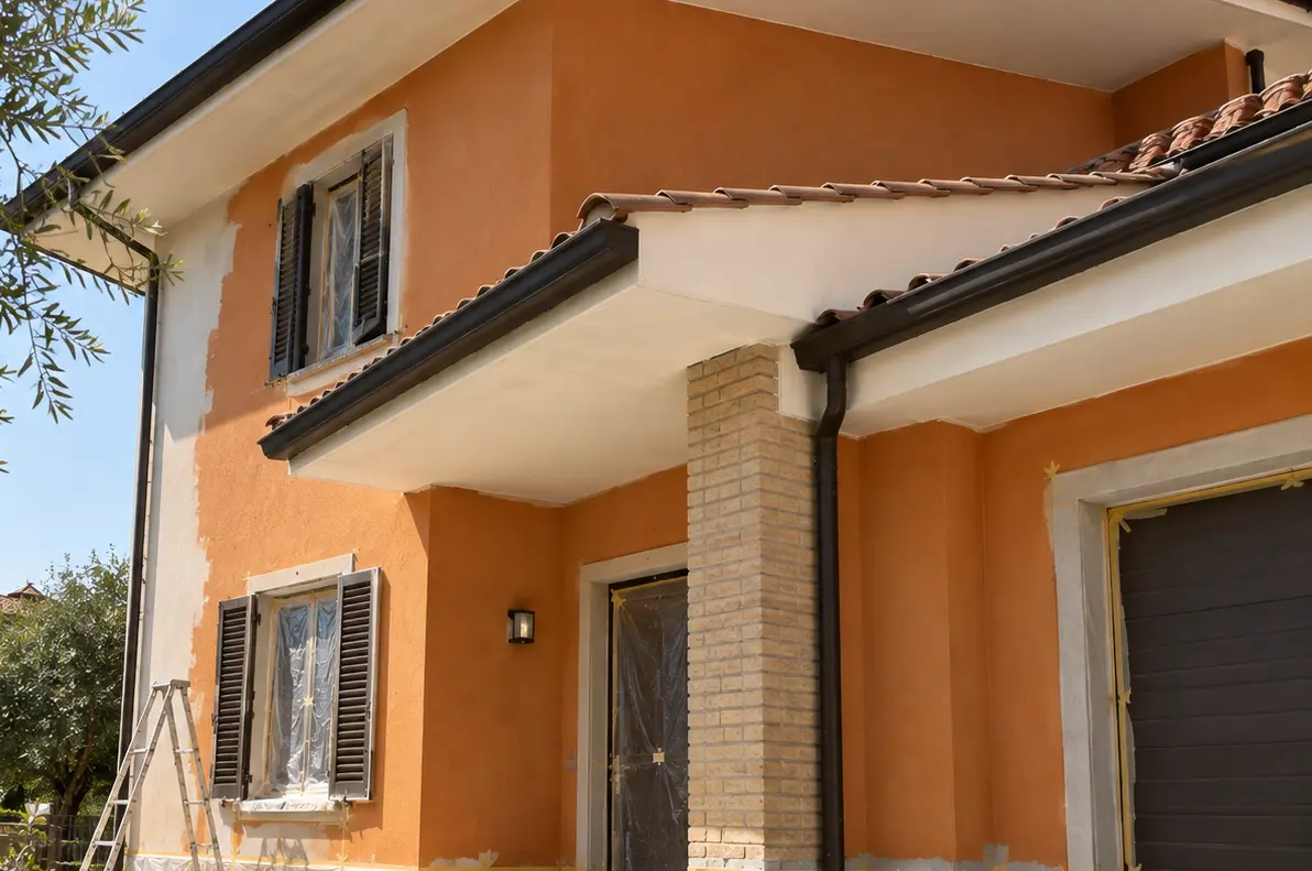 Facciata di casa in tinteggiatura arancione, con finestre e porte protette da teli e nastro.