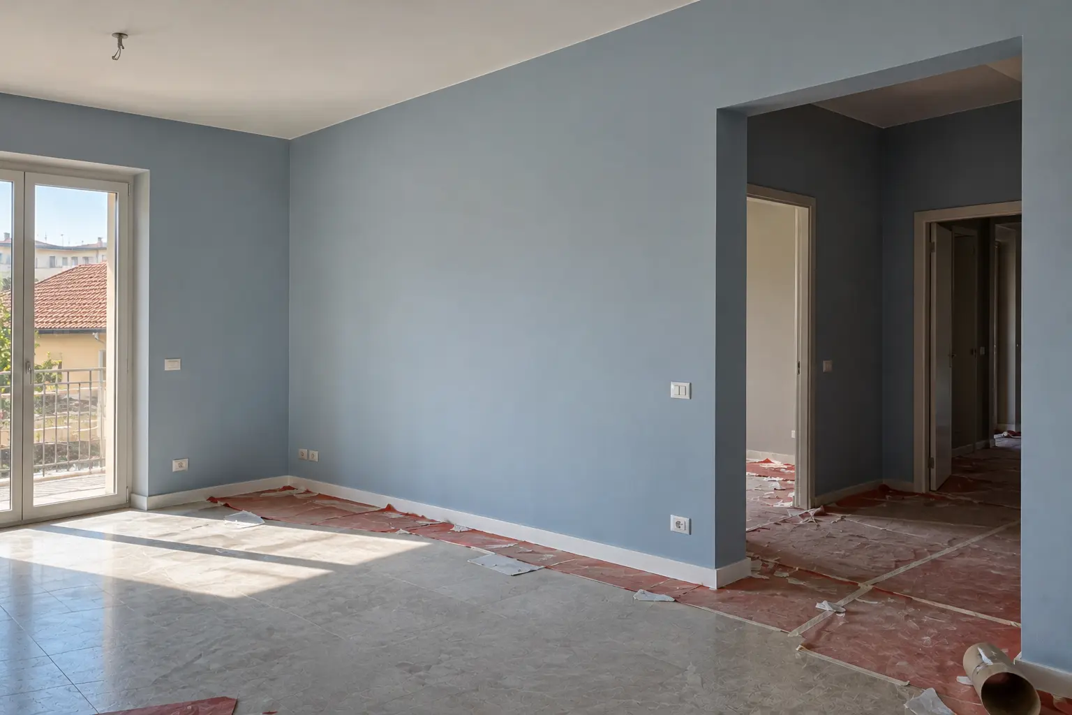 Stanza vuota con pareti azzurre appena tinteggiate, pavimento protetto e portafinestra sul balcone.