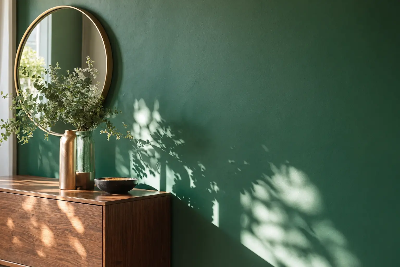 Parete verde dipinta con specchio rotondo, credenza in legno e vasi con rami illuminati dal sole.