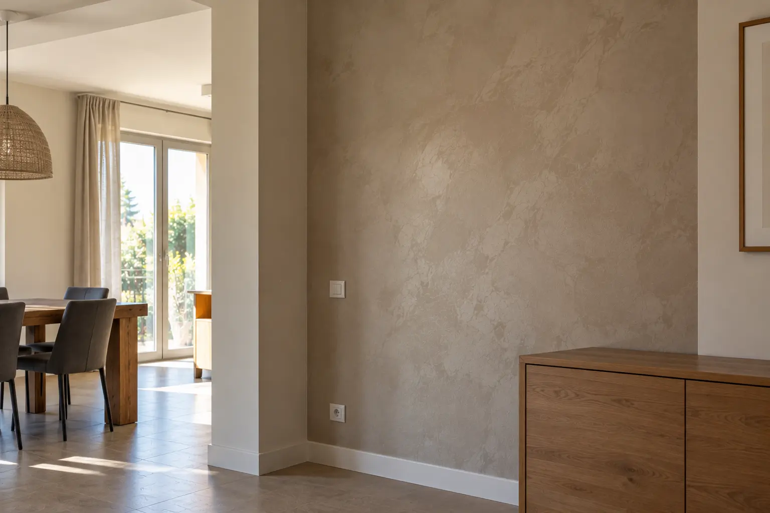 Parete beige con finitura materica, affiancata da una credenza in legno e da una luminosa zona pranzo.