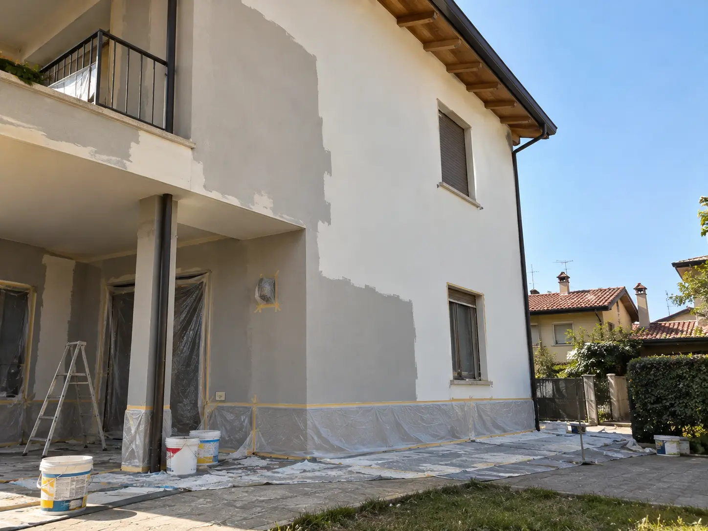 Facciata di una casa durante la tinteggiatura, con pareti parzialmente rifinite, teli, scala e secchi.
