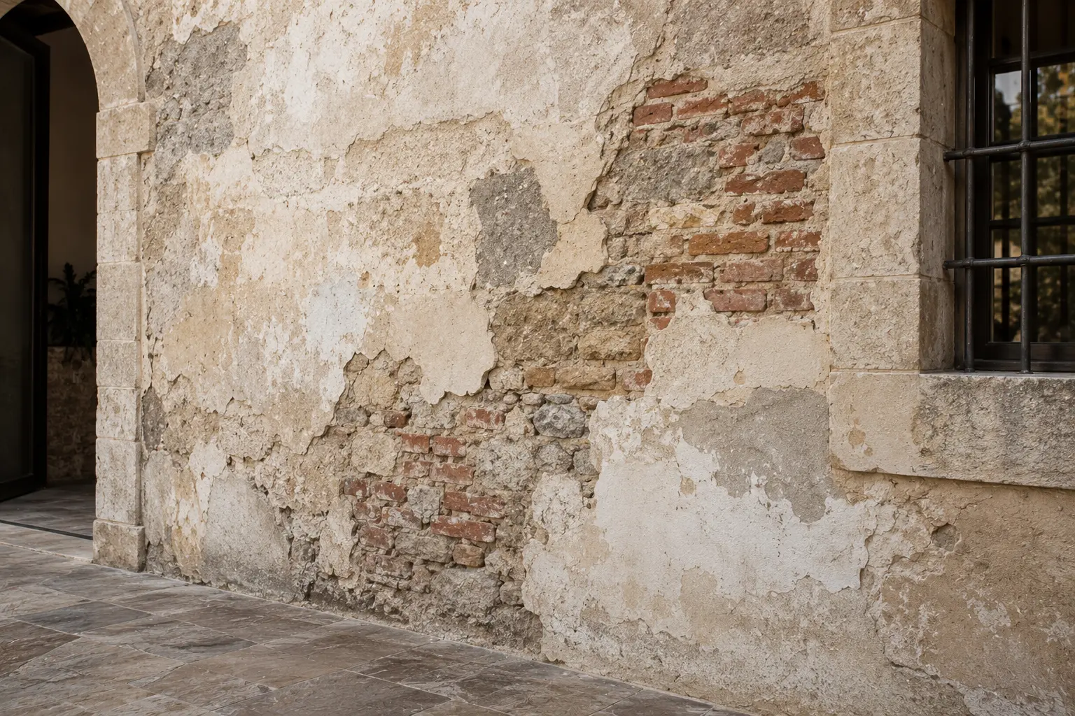 Parete storica con intonaco molto deteriorato, mattoni a vista, arco in pietra e finestra con inferriata.