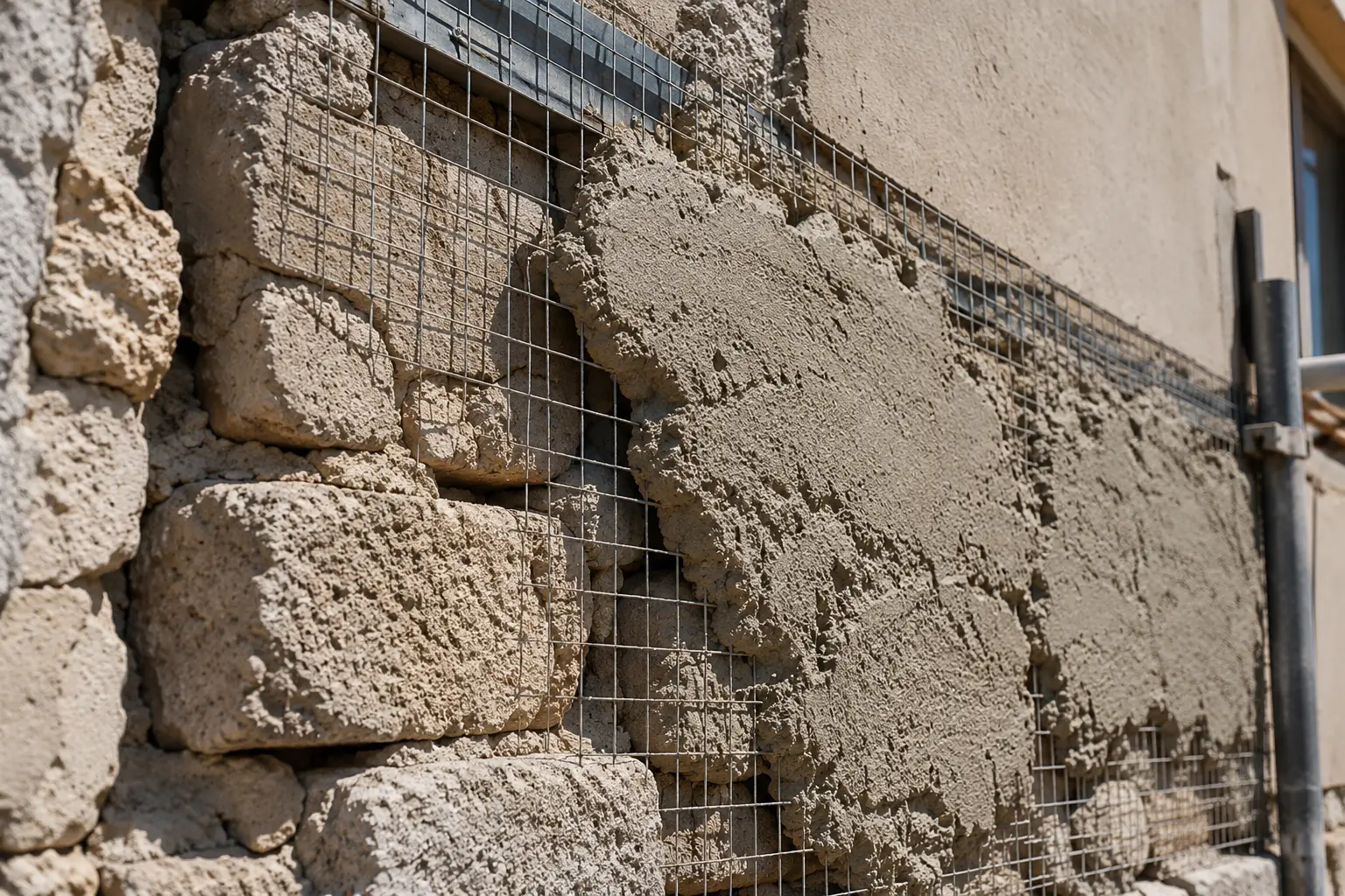 Parete in pietra deteriorata con rete metallica di rinforzo e strati di malta fresca applicati.
