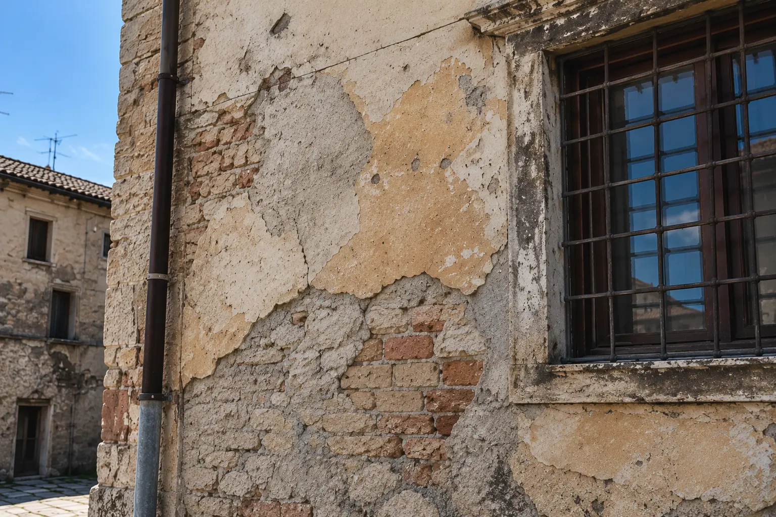 Parete antica con intonaco scrostato, mattoni a vista, grondaia e finestra protetta da inferriata.