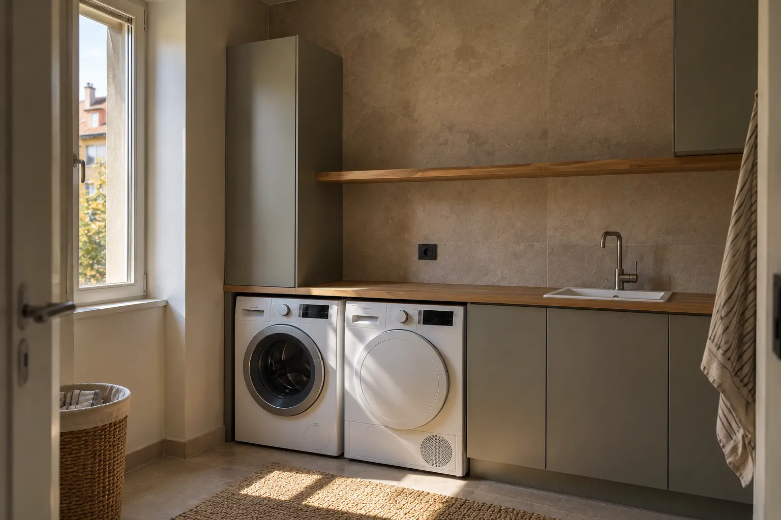 Lavanderia luminosa con pareti bianche, mobili grigi, piano in legno, lavatrice, asciugatrice e lavabo.
