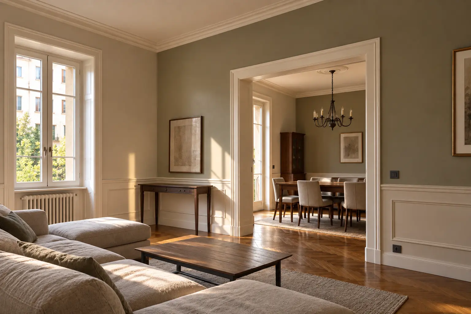 Soggiorno e sala da pranzo con pareti tortora, boiserie e cornici bianche illuminate dal sole.