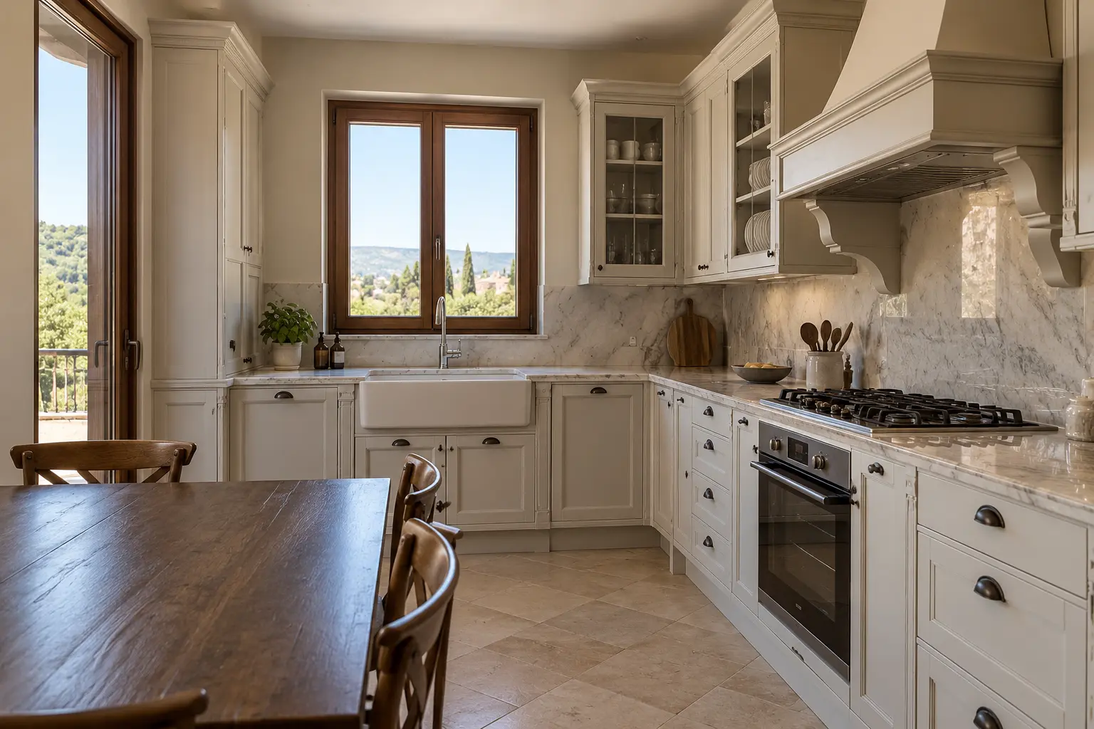 Cucina classica ristrutturata con mobili bianchi e piani in marmo da Maestro Edilizia | Ristrutturazione Casa a Milano.
