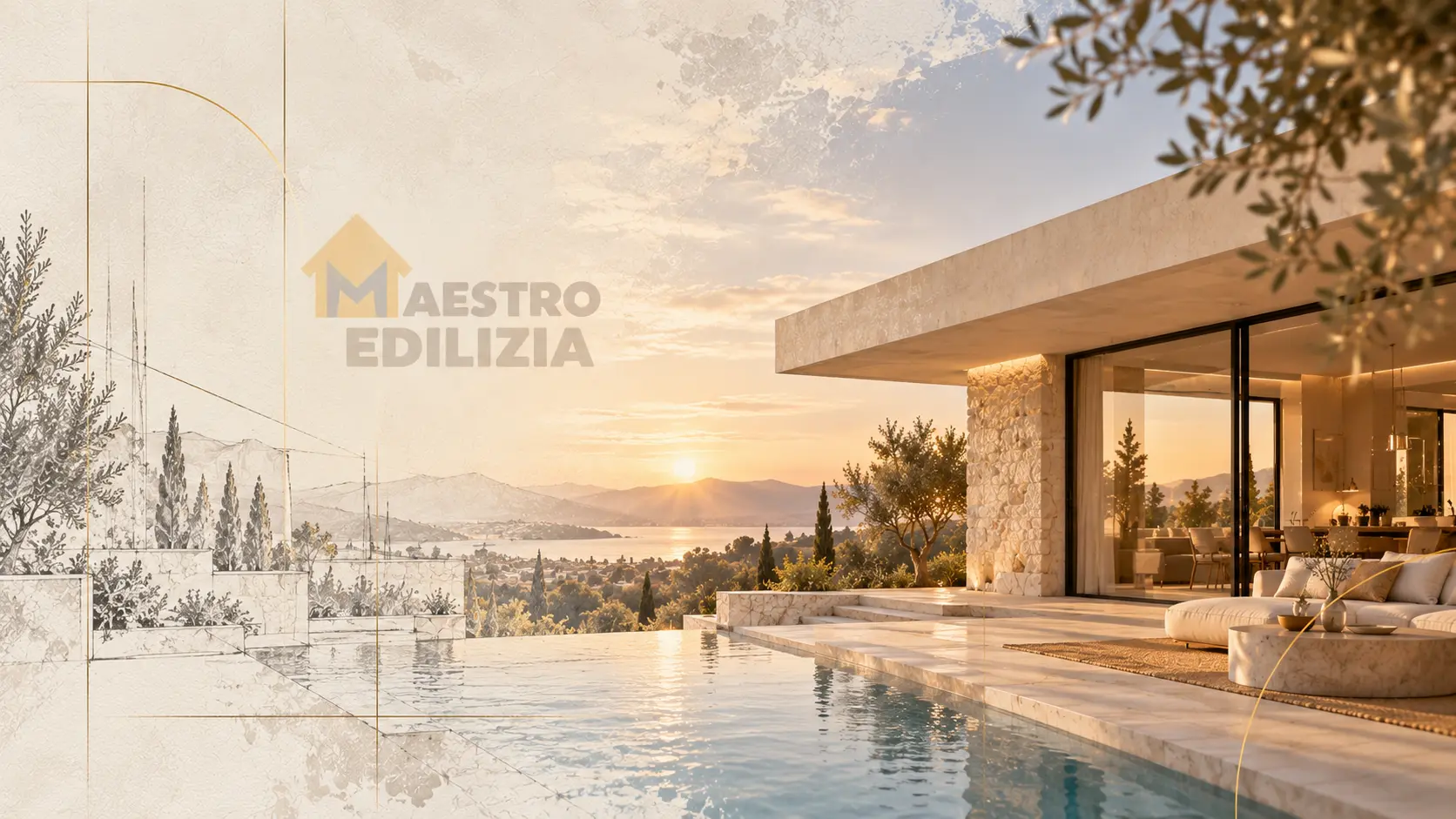 Villa moderna con piscina al tramonto, progetto di Maestro Edilizia | Ristrutturazione Casa a Milano.