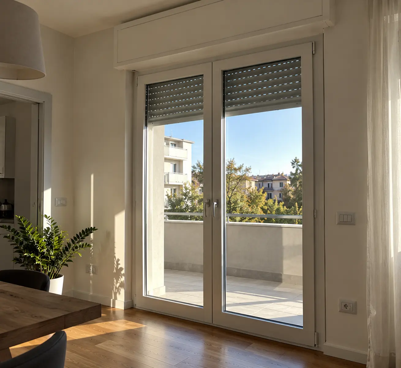 Portafinestra bianca a due ante con tapparella parzialmente abbassata, affacciata su un balcone soleggiato.