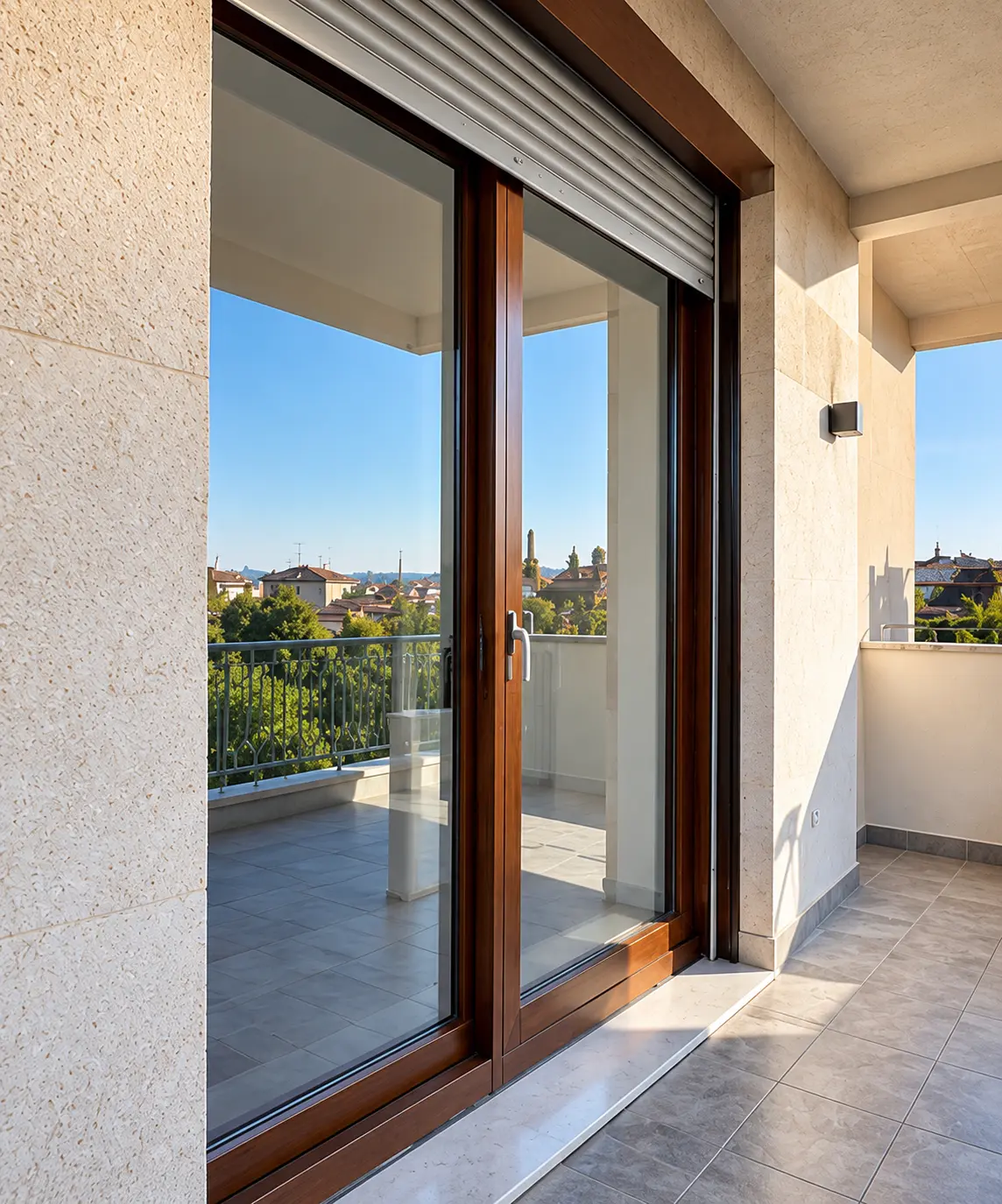 Portafinestra vetrata con telaio in legno e tapparella parzialmente abbassata su una terrazza.